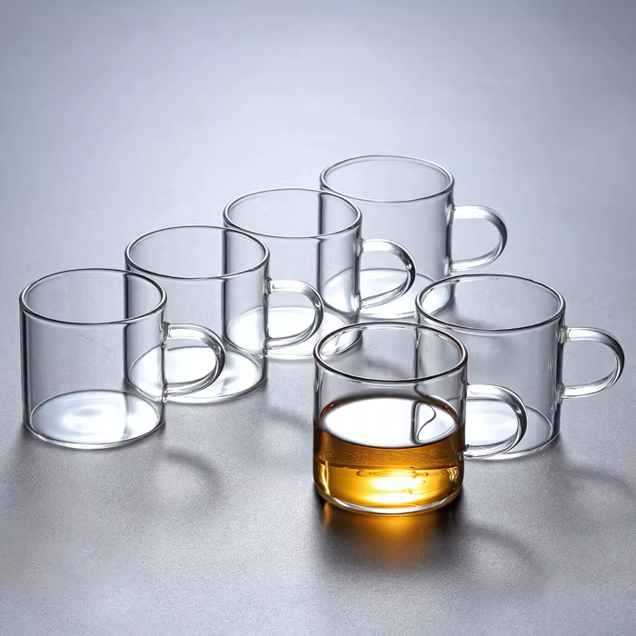 Tasses à thé HaruCha en verre transparent, design minimaliste et élégant, idéales pour une dégustation raffinée.